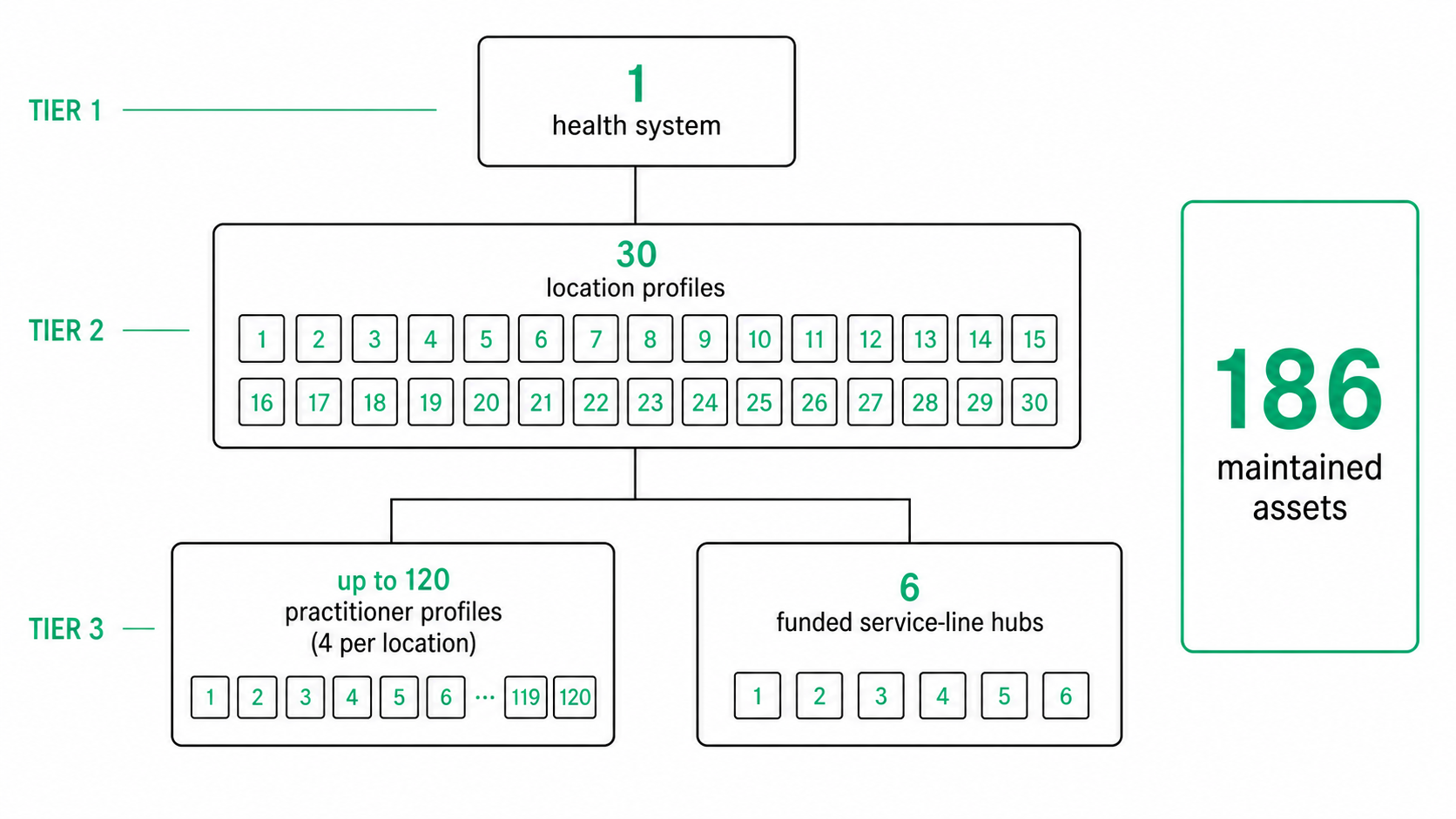 Hospital SEO asset architecture: one system, 30 location profiles, up to 120 practitioner profiles and 6 service-line hubs — 186 maintained assets